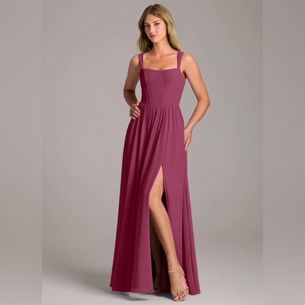 Azazie Mauve-Pink Square Neck Side-Slit Evening Dress
